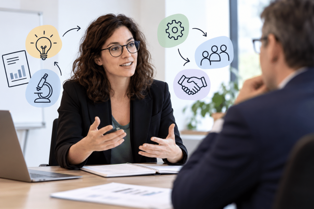 Docteur présentant son expertise scientifique à une entreprise dans le cadre d’une activité de conseil